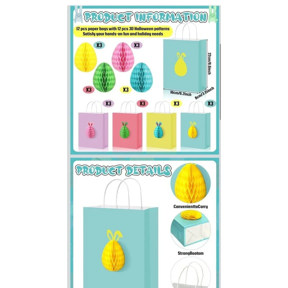 12 PCS Easter Bunny Gift Bags with Handles 3D Honeycombs Included To Attach